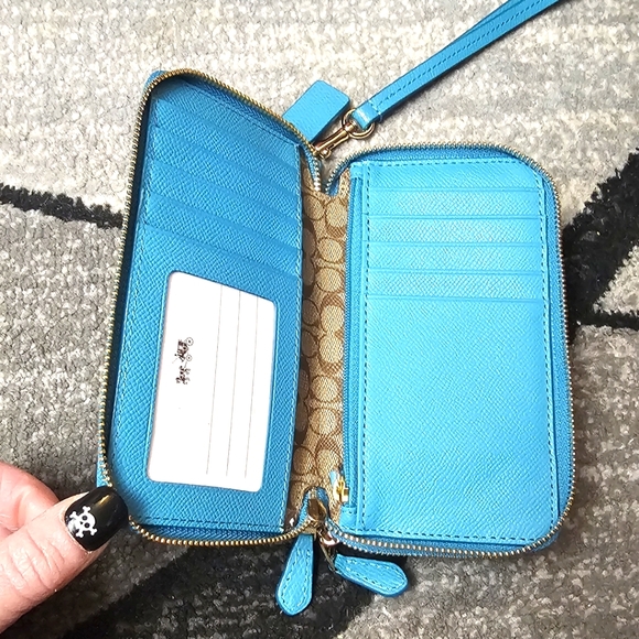 Coach Bags EUC Double Zip Bifold Coin Zip Wallet Detachable Wrist Strap Teal - Picture 9 of 16